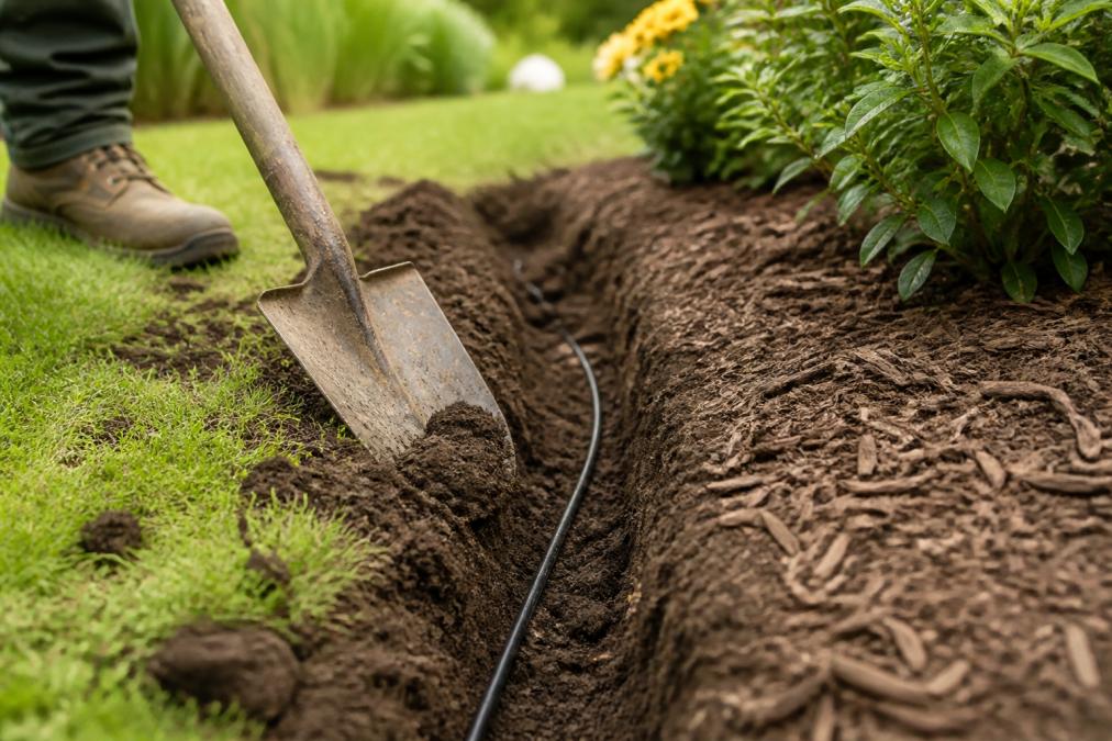 Close-up of a shovel digging a shallow trench in a garden bed with landscape lighting wire visible inside, showing proper depth and technique