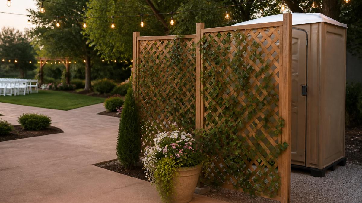 A wooden lattice privacy screen with climbing vines set up around a portable restroom at an outdoor wedding venue, with string lights overhead and potted flowers nearby