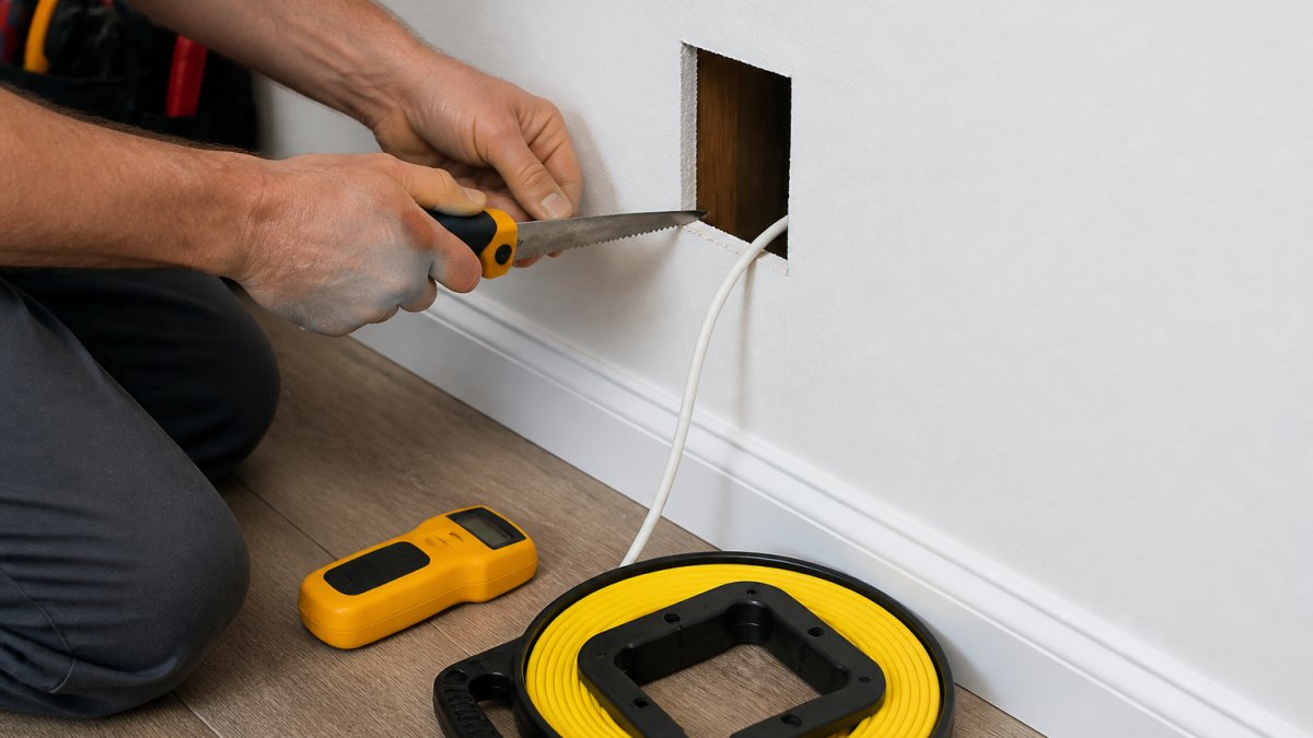 Homeowner using a drywall saw to cut a hole in a wall to hide tv wires