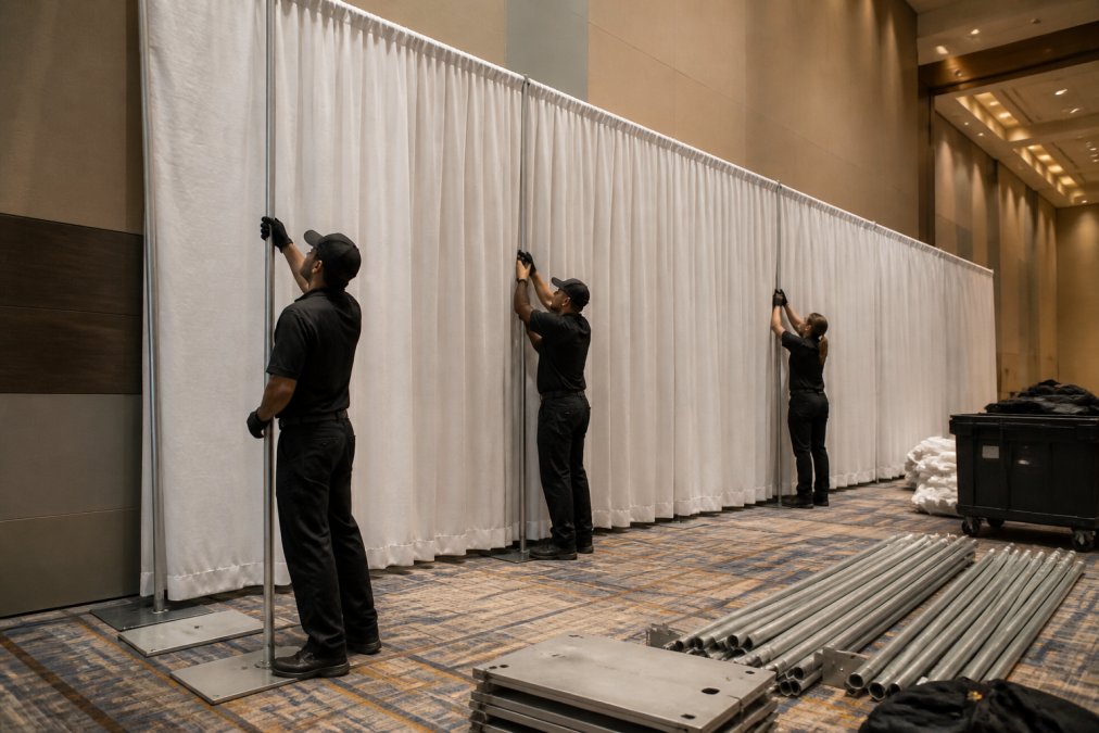 Professional event team installing pipe and drape system with base plates, uprights, and crossbars assembled, carefully hanging pleated fabric panels on venue walls in a modern event space