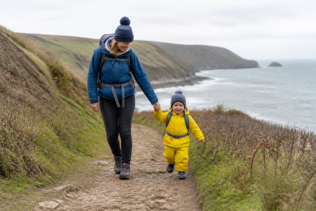 A toddler in bright waterproof clothing walking on a well-maintained coastal path with a parent holding their hand, showing proper safety gear and attentive supervision