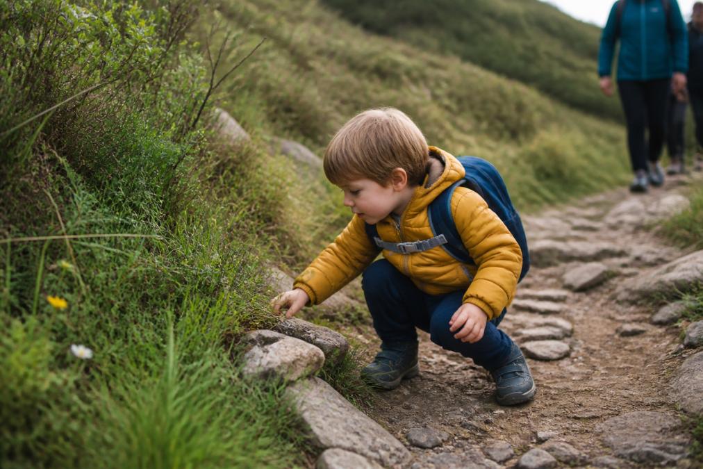 A young child exploring nature on a trail, looking at plants or rocks, carrying a small backpack, showing curiosity and engagement during a family walk