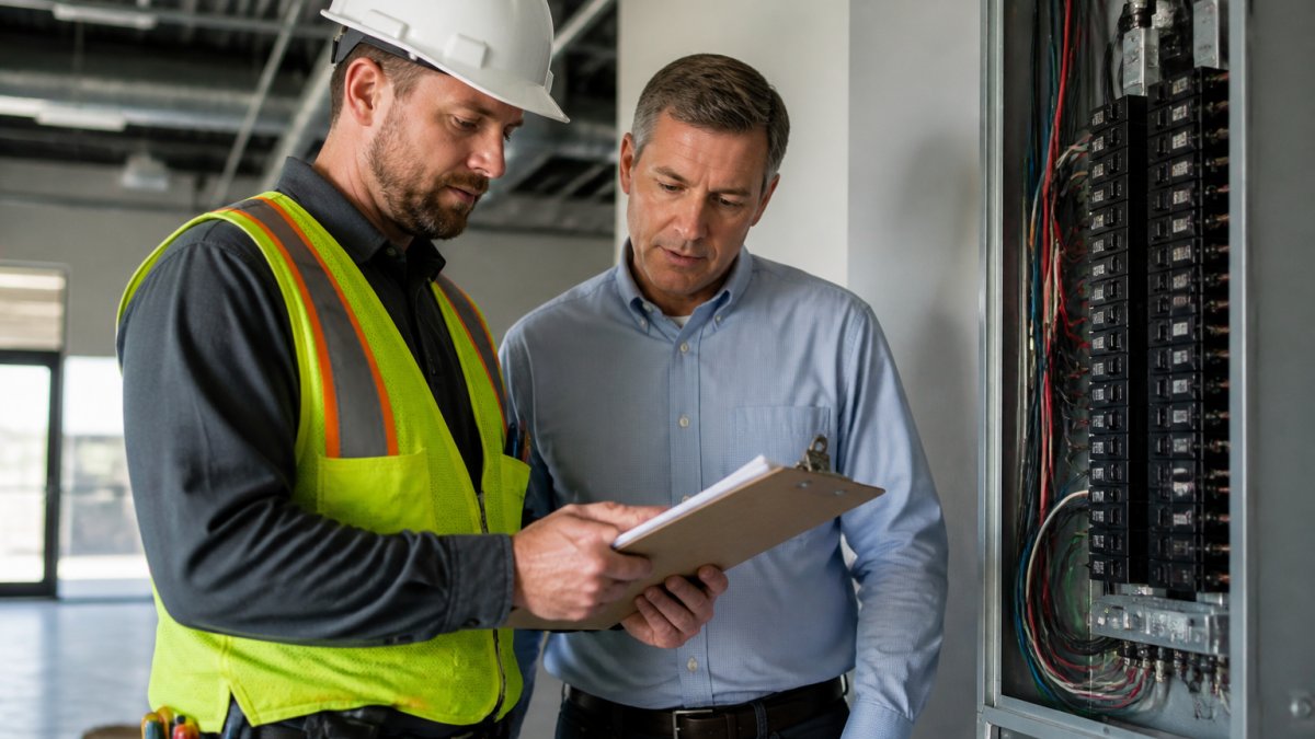 A licensed electrician in a hard hat and safety vest reviewing a clipboard of credentials with a small business owner inside a commercial building, both looking at electrical panel documentation