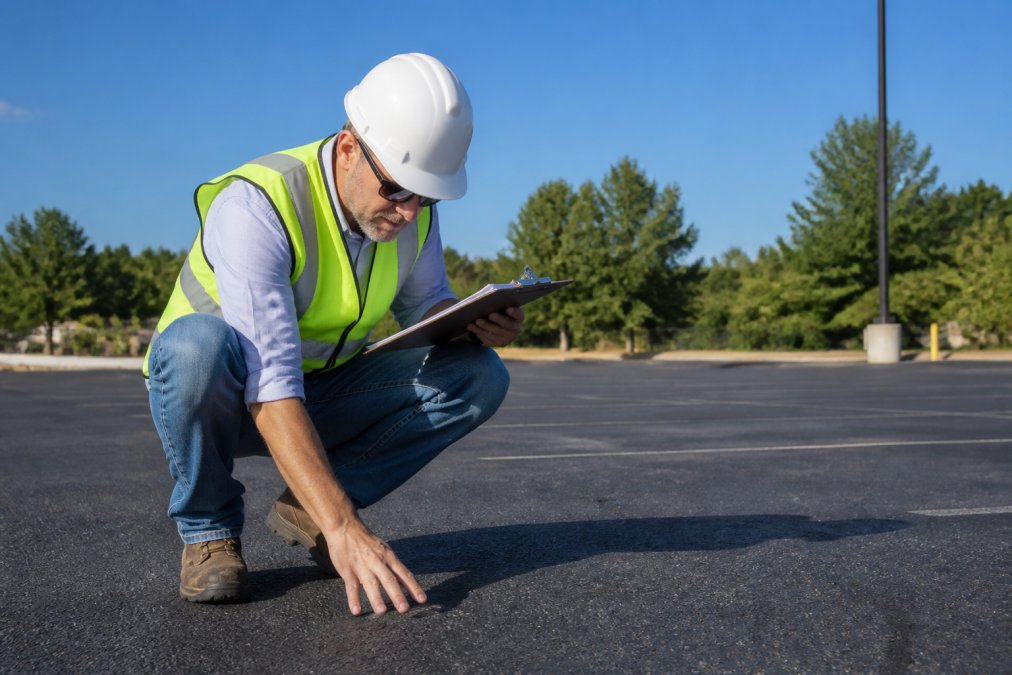 Professional contractor in hard hat and safety vest inspecting commercial asphalt pavement with clipboard, examining surface conditions in bright daylight