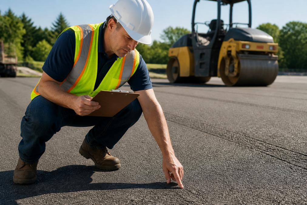 Contractor in work gear holding inspection clipboard and pointing to asphalt pavement surface during site assessment with sunlight highlighting surface conditions