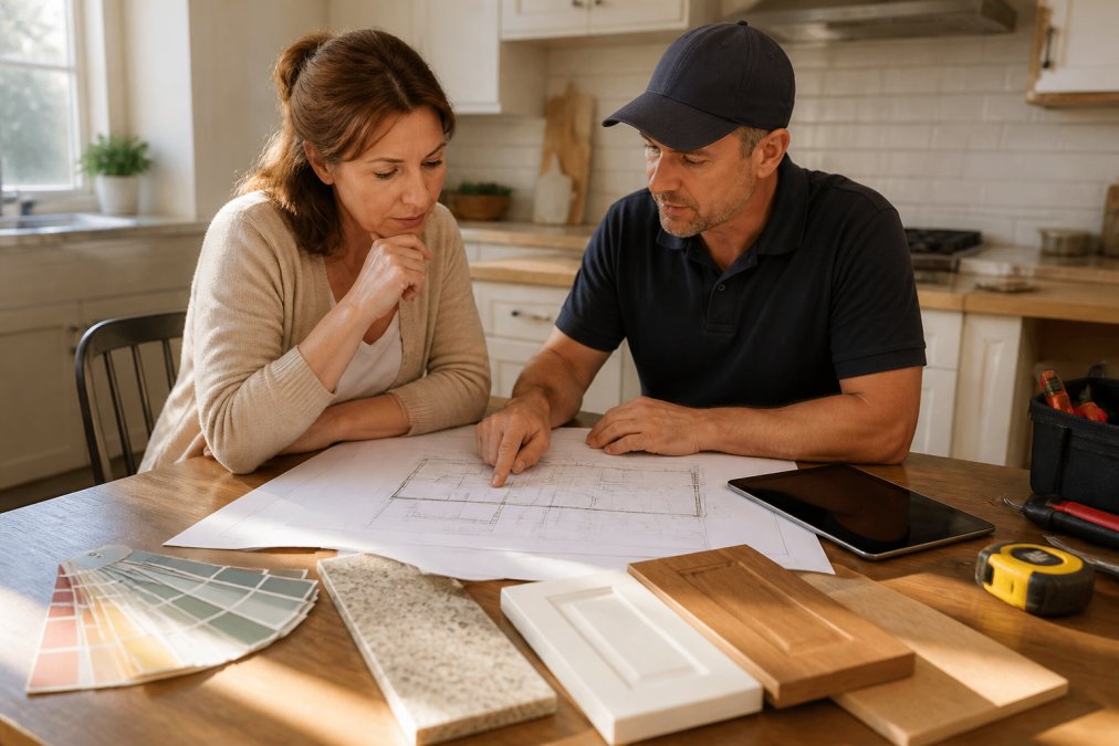 A homeowner and a contractor reviewing blueprints and a floor plan together at a kitchen table, with material samples, paint swatches, and a tablet visible in warm afternoon light