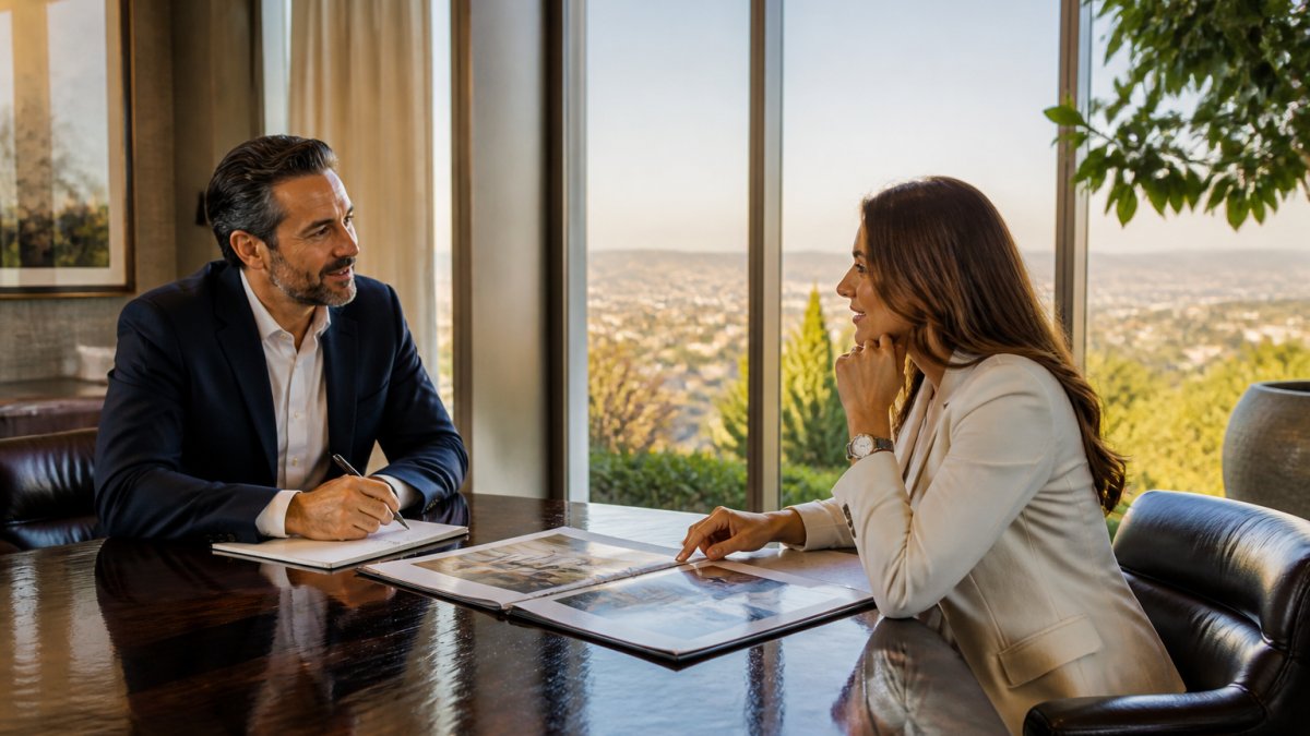 Luxury real estate agent interviewing a client in an upscale office to evaluate professional experience