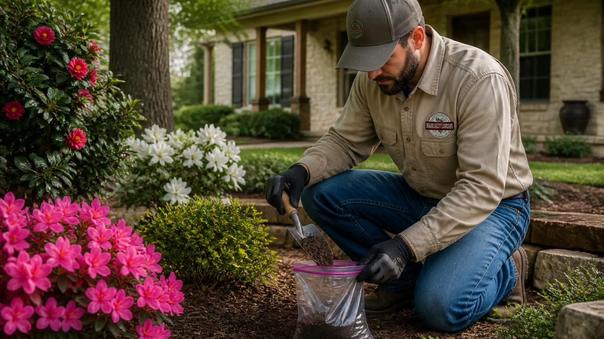A landscape professional in work clothes collecting a soil sample from a residential yard with a hand trowel, with a house and trees in the background