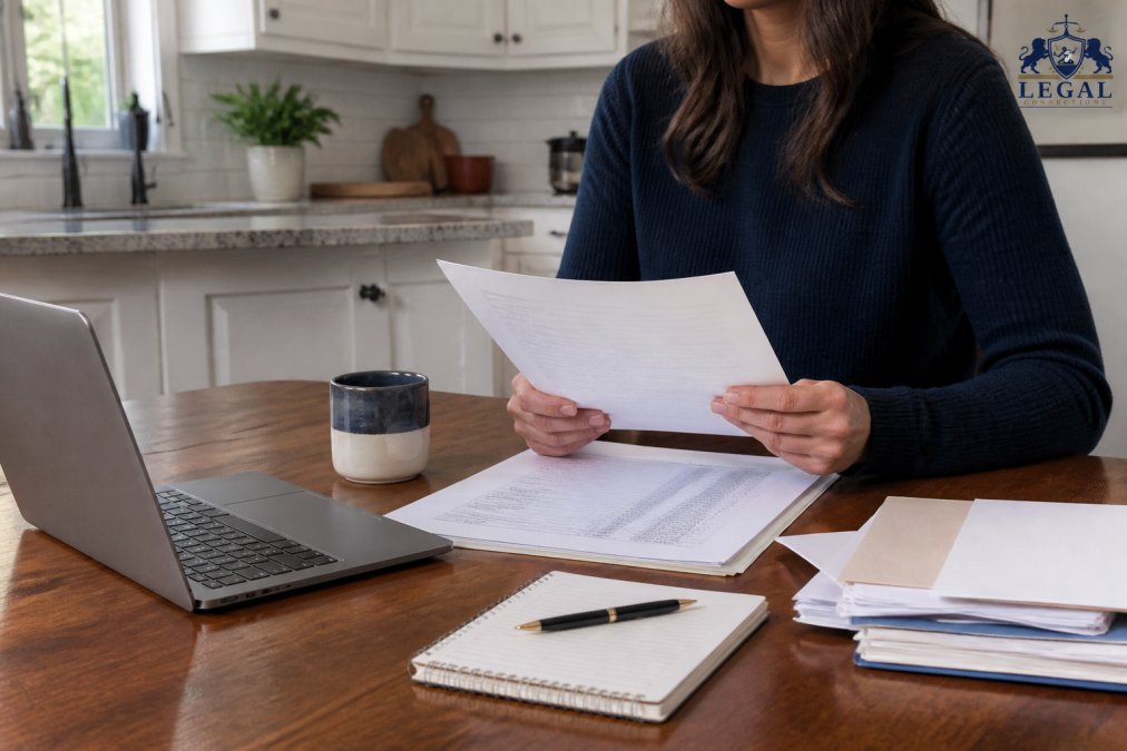 A parent sitting at a kitchen table with a notepad and laptop, reviewing custody paperwork in a calm home setting