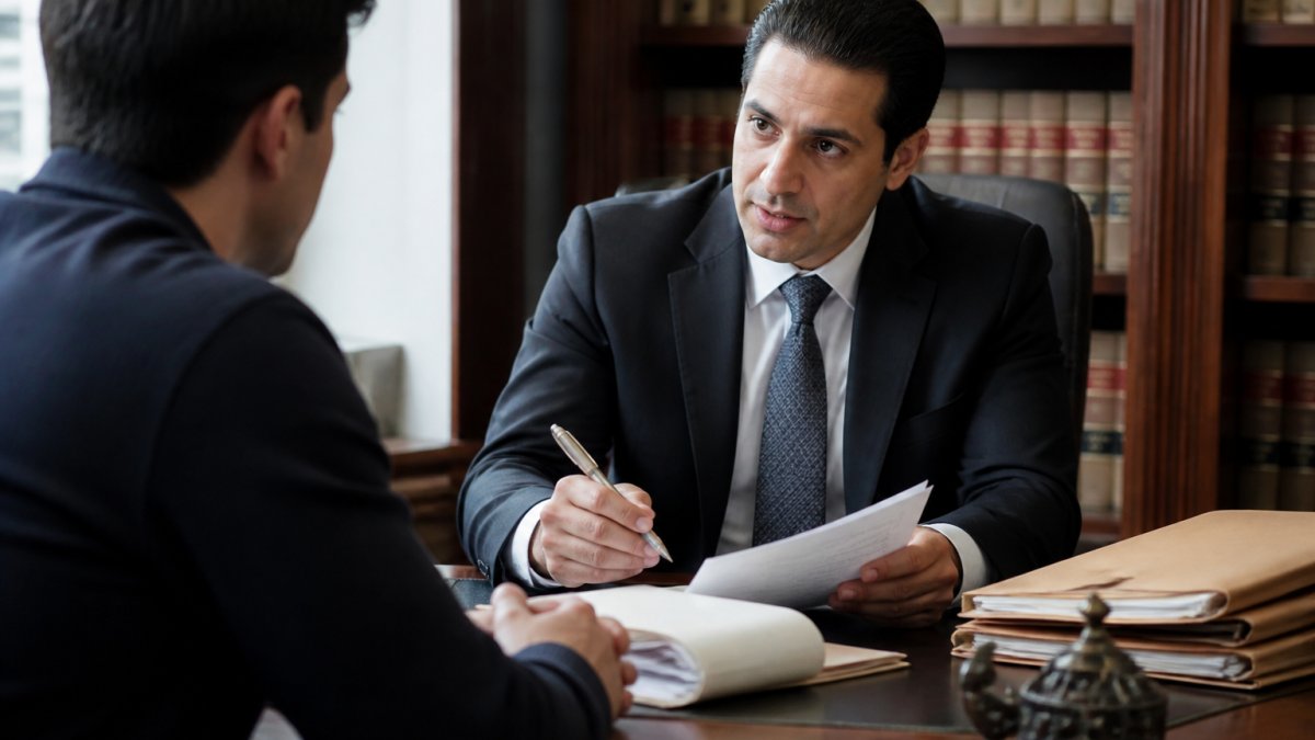 Professional criminal defense attorney in business suit meeting with client across desk in law office, legal documents and case files visible, conveying trust and serious legal guidance