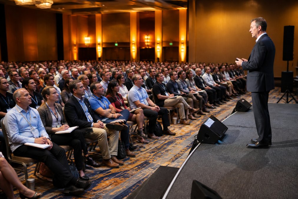 Professional keynote speaker presenting to engaged audience in modern conference hall, attendees leaning forward taking notes, natural stage lighting and projection screens visible