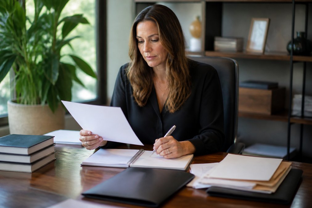 Event planner or HR executive reviewing speaker materials and contracts at desk with laptop and notebook, natural office lighting