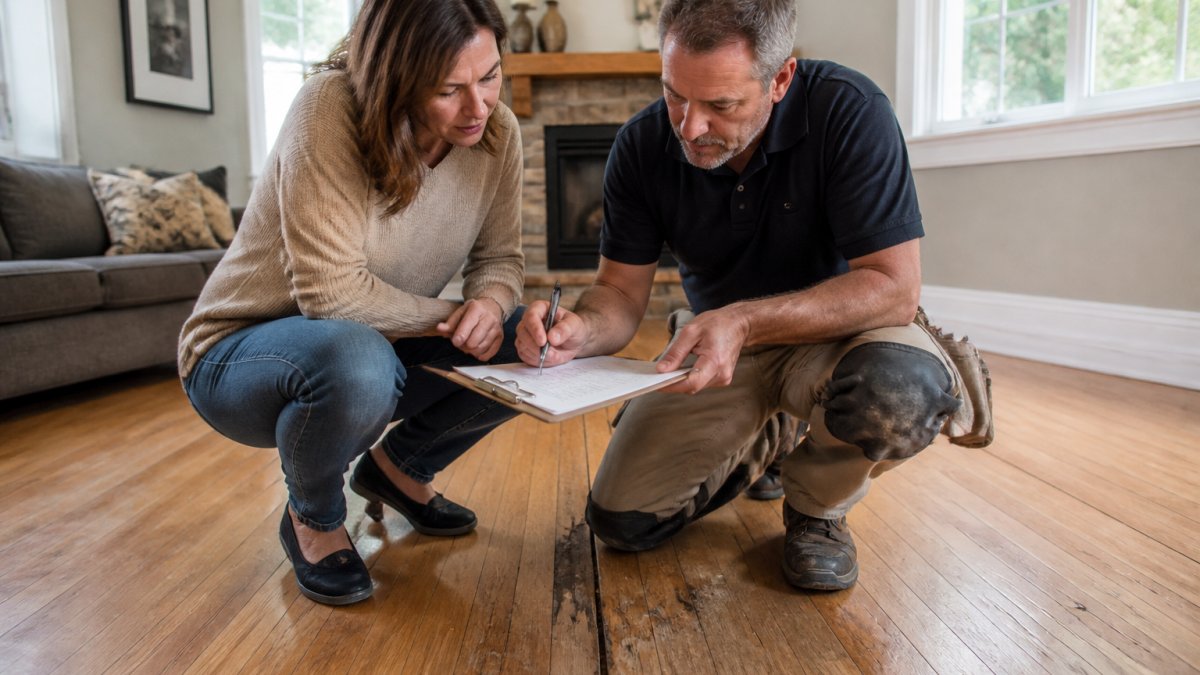A homeowner and a flooring specialist kneeling beside a worn hardwood floor, reviewing a clipboard of questions together in a sunlit living room