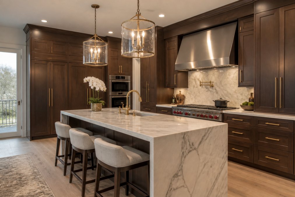 Luxury kitchen interior with custom cabinetry, marble countertops, professional-grade appliances, and sophisticated lighting in modern home setting