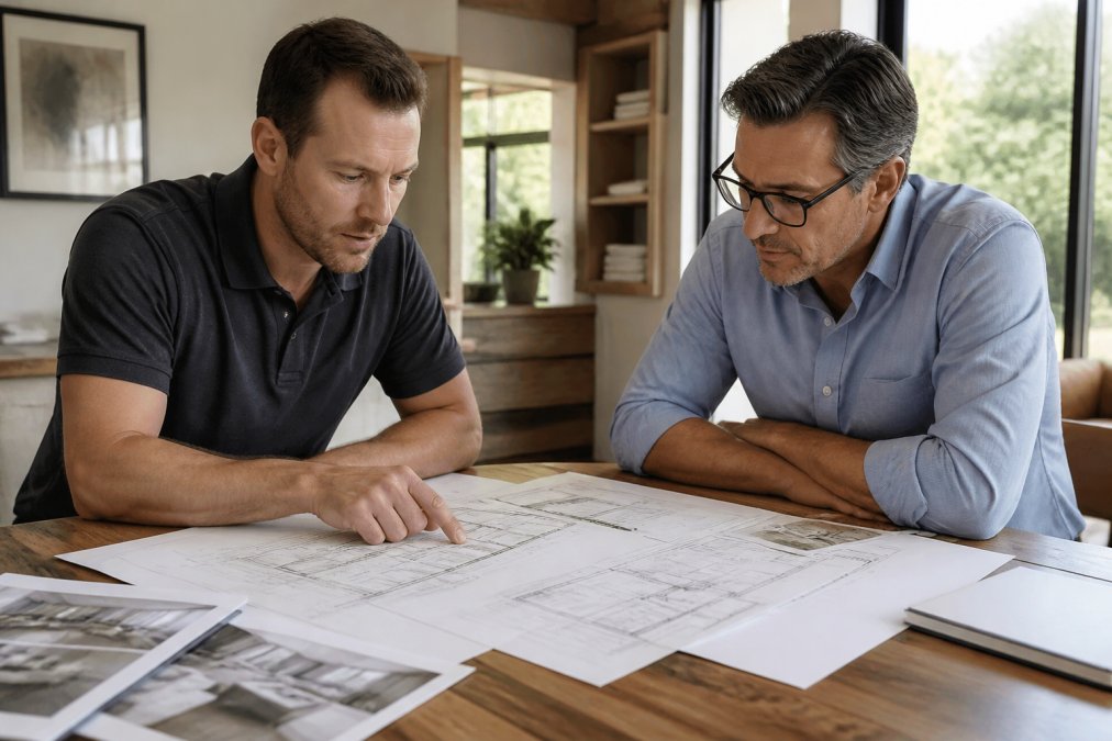 Contractor and homeowner reviewing architectural blueprints and project documents together at a wooden table in bright, professional office setting