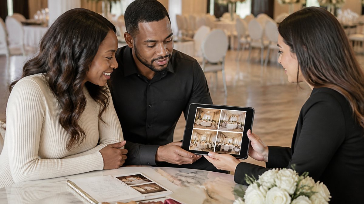 Couple reviewing a luxury wedding planner's portfolio on a tablet while learning how to hire a luxury wedding planner