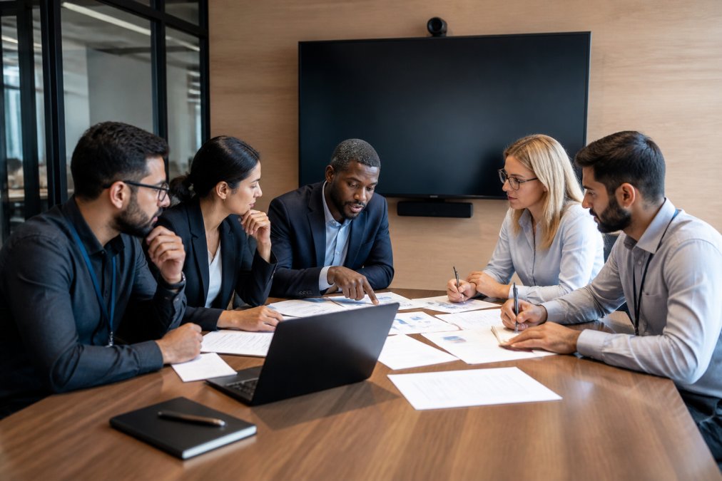 Team of IT professionals and security staff collaborating at a conference table, reviewing security infrastructure documents and discussing threat models on a large monitor in a modern office setting
