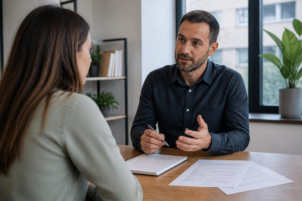 Professional conducting a structured interview with a marketing candidate across a desk in a modern office, with interview notes and hiring criteria visible on paper, natural office lighting