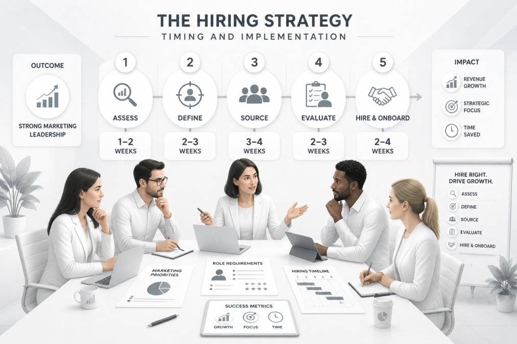 Diverse team of business professionals collaborating around a conference table with marketing documents, laptops, and strategic planning materials visible, having a focused discussion about hiring strategy