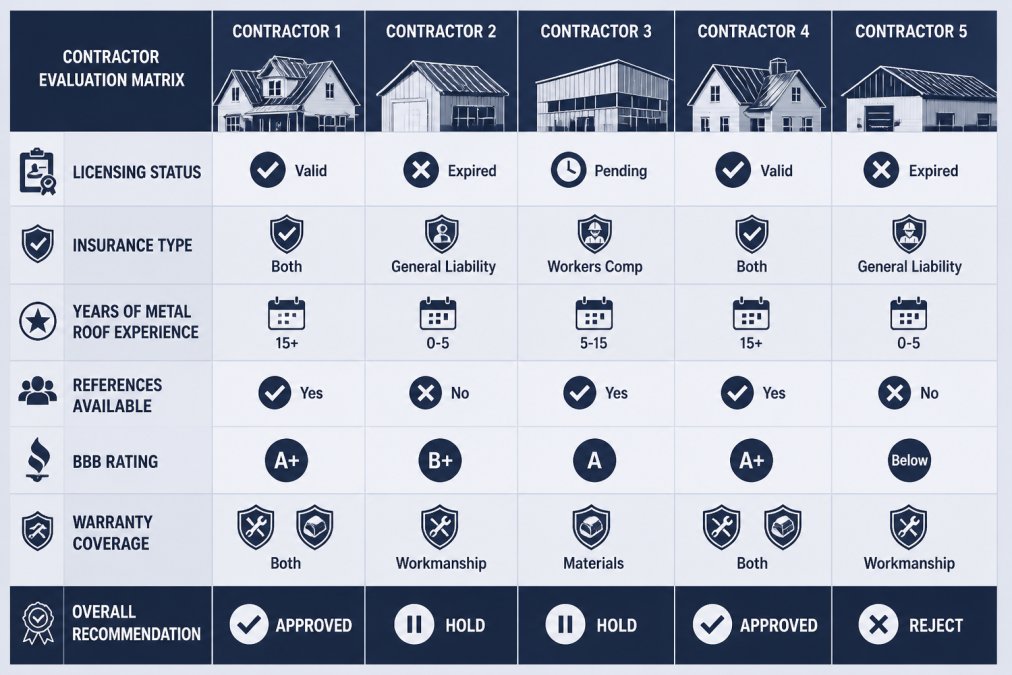 Contractor evaluation matrix showing: Licensing Status (Valid/Expired/Pending), Insurance Type (General Liability/Workers Comp/Both), Years of Metal Roof Experience (0-5/5-15/15+), References Available (Yes/No), BBB Rating (A+/A/B+/Below), Warranty Coverage (Workmanship/Materials/Both), Overall Recommendation (Approved/Hold/Reject)