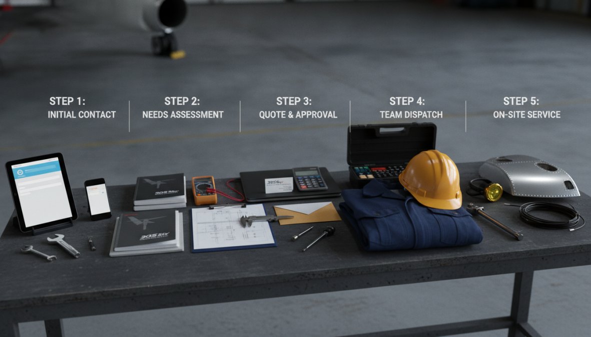 Process diagram showing steps for An A for hire mobile aircraft maintenance