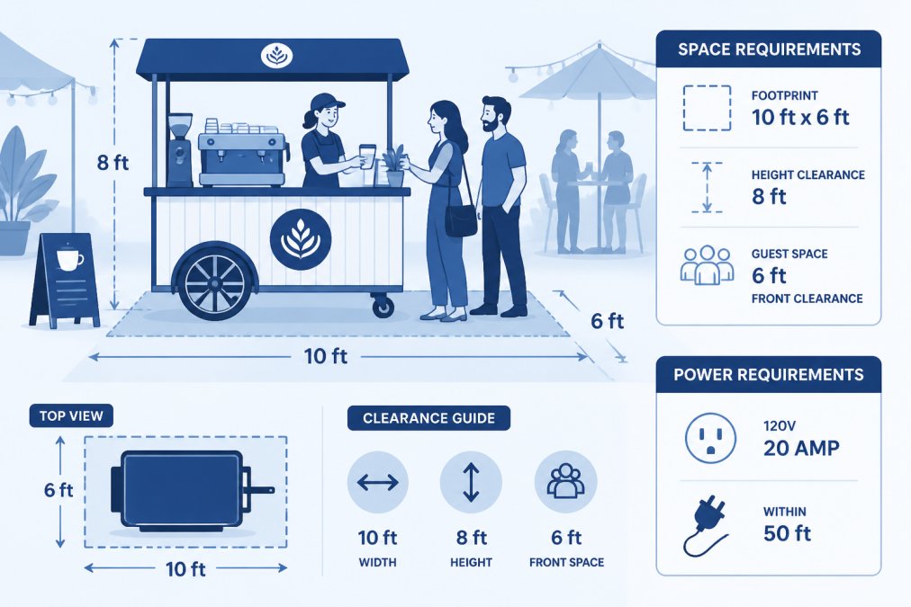 Professional mobile espresso cart set up at an outdoor wedding reception with barista serving specialty lattes to guests in elegant attire, natural afternoon lighting