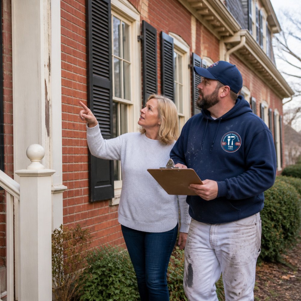 Homeowner and historic home painters reviewing a brick property exterior with a clipboard during an estimate.