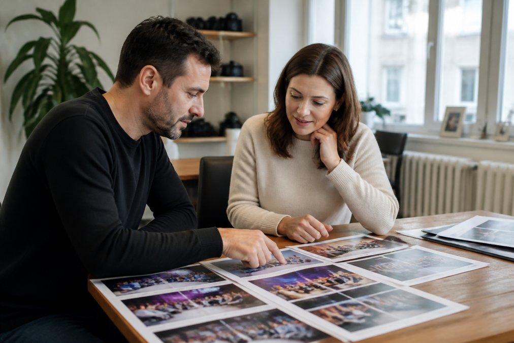 Professional photographer reviewing event galleries and portfolio on a laptop with a client, discussing past conference work and coverage style in a bright modern office