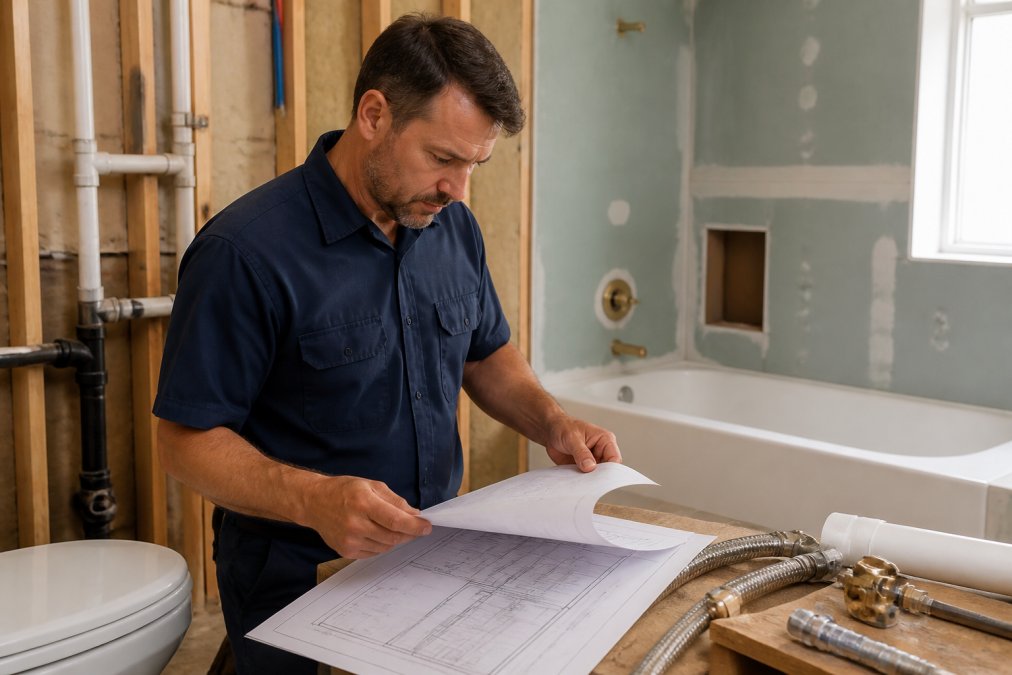 Licensed plumber in work uniform reviewing building permits and bathroom fixture specifications at a jobsite with visible water supply lines and drainage systems in background