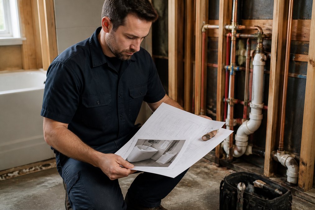 Process diagram showing steps for Licensed for hire plumber bathroom remodel
