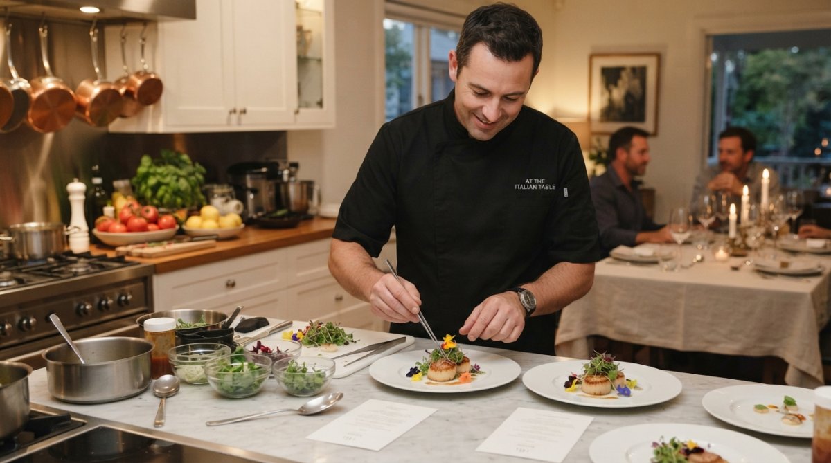 Professional private chef preparing fresh ingredients in a home kitchen during an evening dinner party, with guests visible in the background enjoying aperitifs and conversation