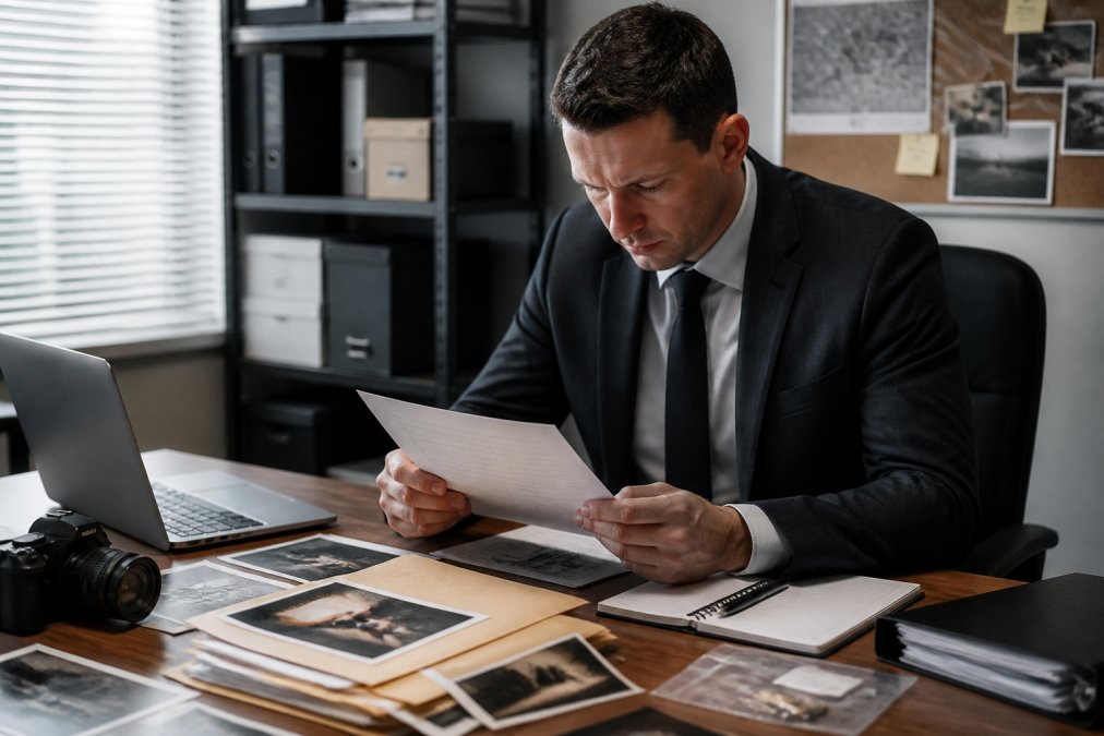 Professional investigator in business attire reviewing case files and evidence documentation at a desk with laptop and organized folders, natural office lighting