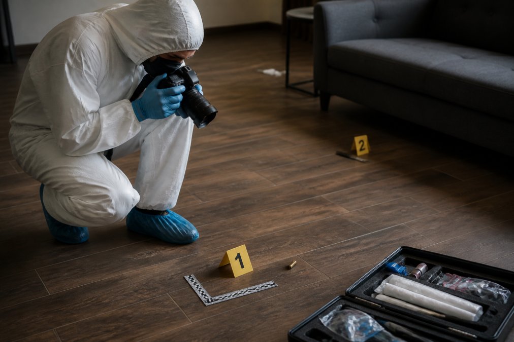Investigator in protective gear photographing and documenting evidence at a scene with measurement tools and evidence markers visible, careful professional documentation