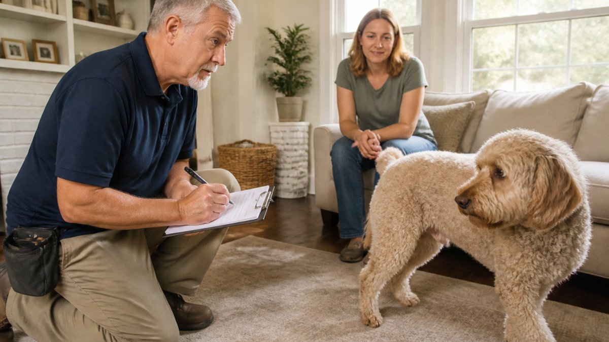 Professional dog behaviorist observing a dog's body language during a consultation in a home setting, taking notes while the owner watches, natural afternoon lighting through windows