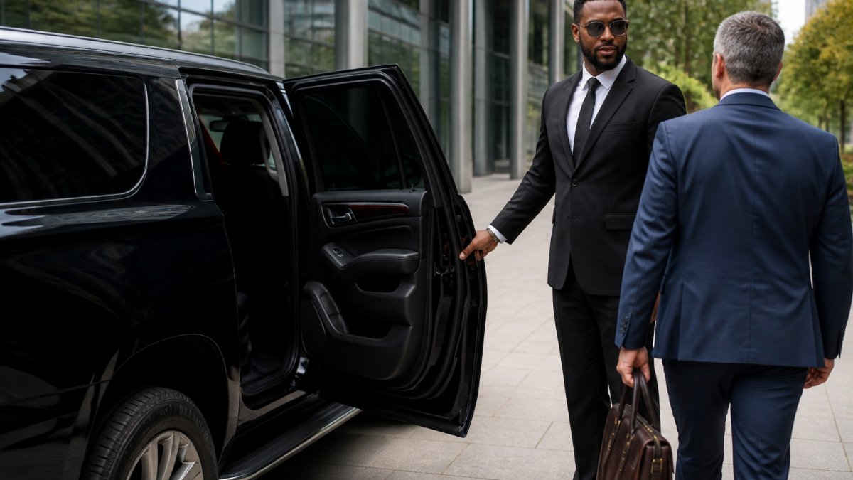 A professionally dressed chauffeur in a black suit holding an open rear door of a black luxury SUV for a business executive outside a modern office building in Charlotte