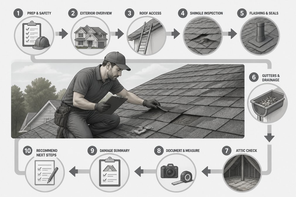 Professional roofer on residential roof examining shingles and damage with clipboard and measuring tools, showing detailed inspection process in action with natural daylight