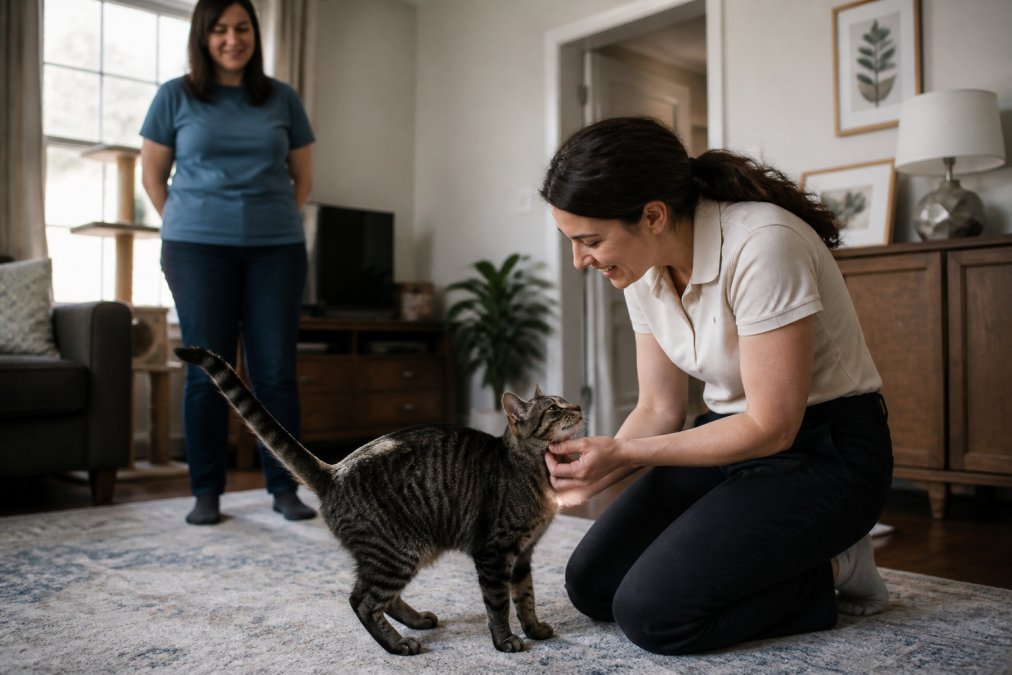 Professional cat sitter kneeling down to interact with a tabby cat in a home living room, with the cat owner standing nearby observing, natural afternoon lighting through windows