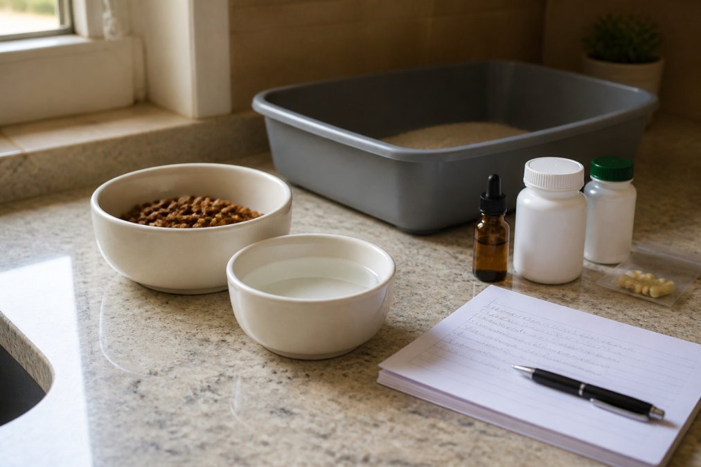 Close-up of a cat's food and water bowls, litter box, and medication bottles arranged neatly on a kitchen counter with handwritten care instructions nearby, natural kitchen lighting