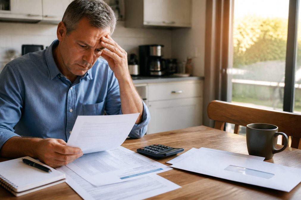 A homeowner reviewing insurance documents and a calculator at a kitchen table, with a denied claim letter visible beside a coffee mug, warm morning light through a window
