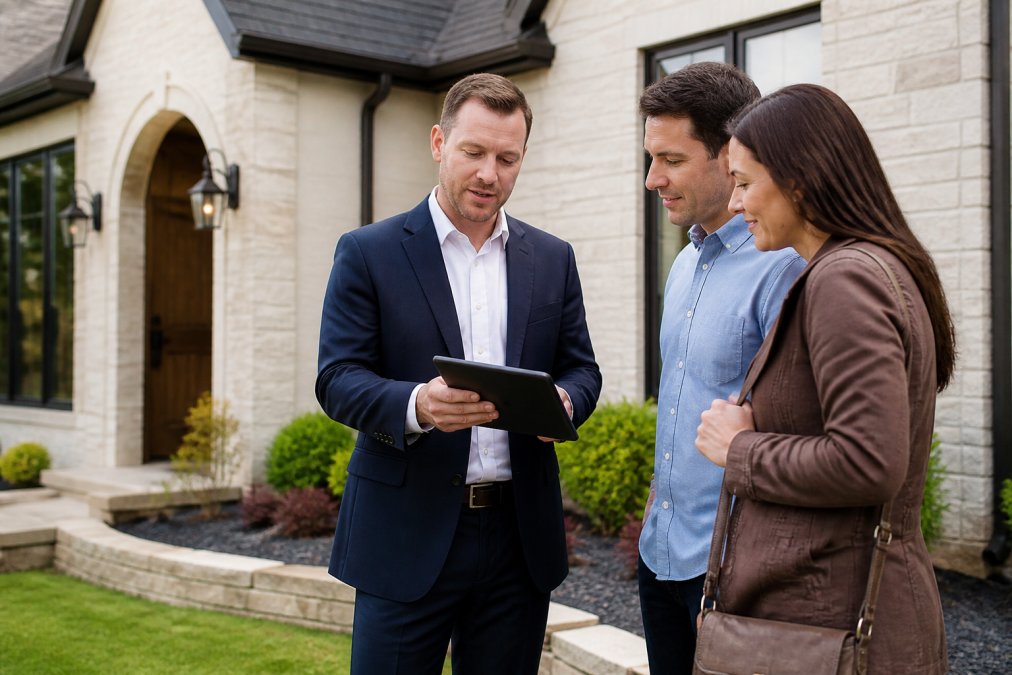 Real estate professional in business attire standing in front of residential property, holding tablet with market data displayed, with natural outdoor lighting