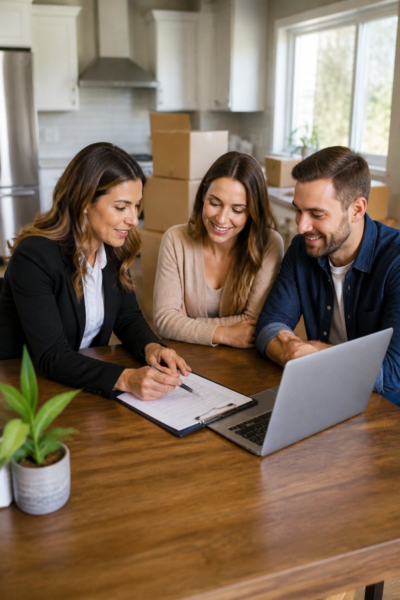 A real estate agent and a relocating couple sitting at a kitchen table reviewing a checklist and laptop, with moving boxes visible in the background, natural light