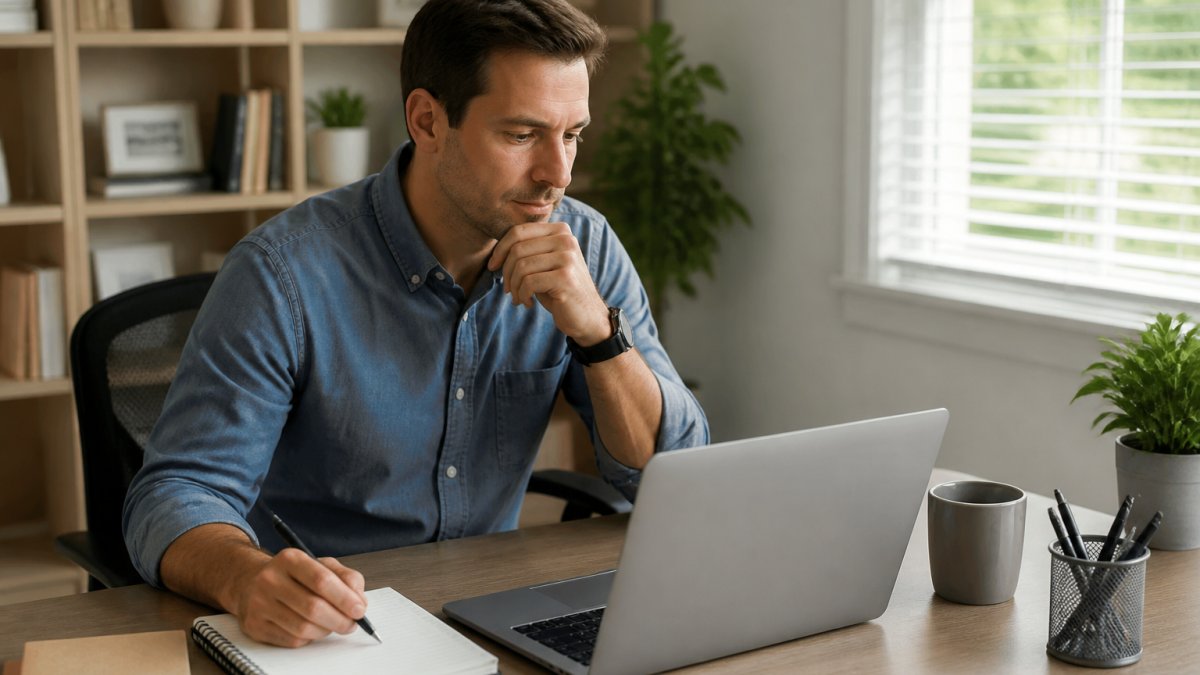 A small business owner at a tidy desk reviewing a service agreement on a laptop, with a pen and notepad beside it, in a bright home office