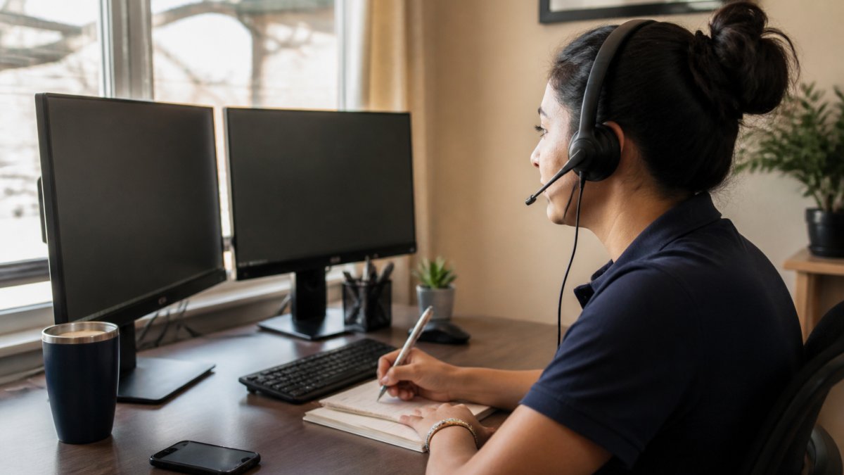 Professional working at home office desk with dual monitors displaying dispatch software, headset on, taking notes during training call with natural window lighting
