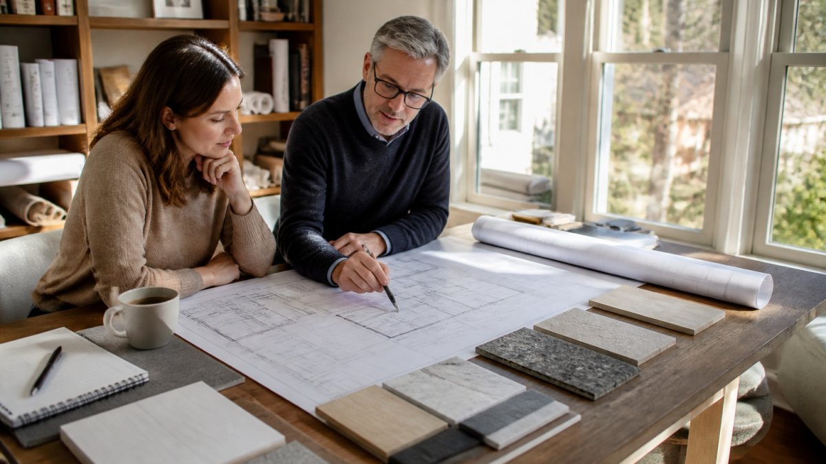 A homeowner and a residential architect reviewing blueprints and material samples across a sunlit drafting table in a home office, notebook and coffee cup nearby