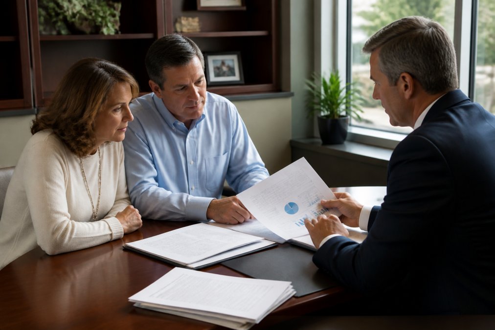 Middle-aged couple sitting across from a financial advisor at a polished wooden desk, reviewing retirement documents and portfolio statements together in a professional office with warm lighting