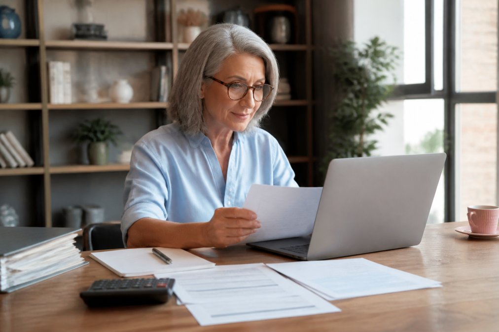 Mature professional woman reviewing financial statements and portfolio information on her laptop, with financial documents spread across her desk in a home office with natural window lighting