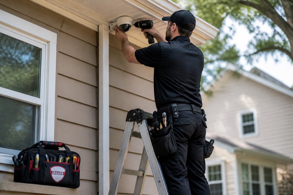 Professional security system installer mounting a surveillance camera on a residential home exterior wall