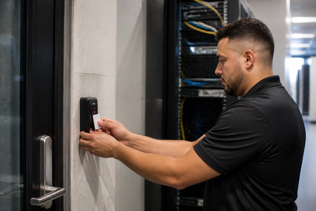 A security technician in a branded polo shirt configuring an access control panel mounted beside a commercial door, with server rack equipment visible in the background, under bright overhead lighting in a commercial corridor