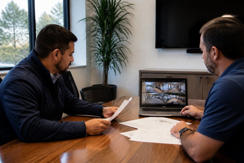 A facility manager and a security consultant sitting across from each other at a conference table in a well-lit conference room, reviewing printed documents and a laptop displaying a security dashboard, both in business casual attire