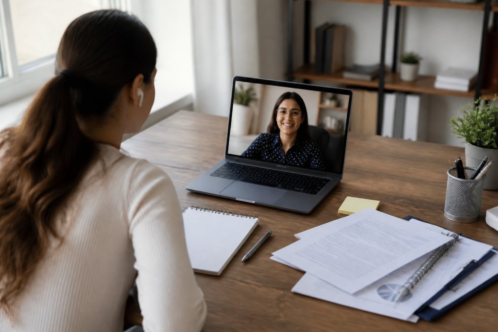 Small business owner and virtual assistant having a video call on a laptop, with training materials and notes scattered on the desk, natural office lighting from a window